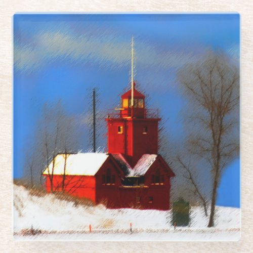 Big Red Lighthouse Painting _ Original Art Glass Coaster