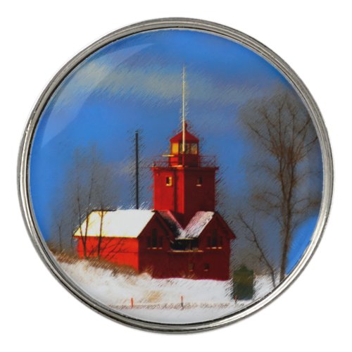 Big Red Lighthouse Painting _ Original Art Golf Ball Marker