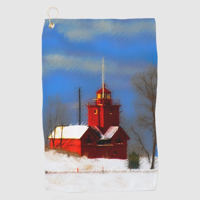 Big Red Lighthouse Painting - Original Art Golf Towel (Front)