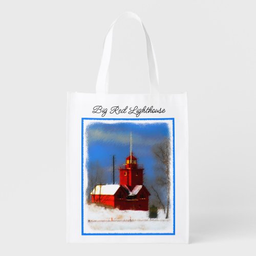 Big Red Lighthouse Painting _ Original Art Grocery Bag