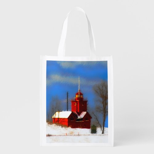 Big Red Lighthouse Painting _ Original Art Grocery Bag
