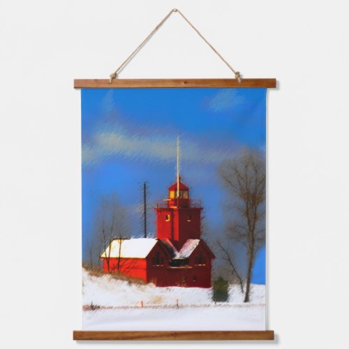Big Red Lighthouse Painting _ Original Art Hanging Tapestry