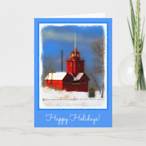 Big Red Lighthouse Painting _ Original Art Holiday Card