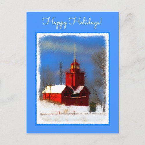 Big Red Lighthouse Painting _ Original Art Holiday Postcard