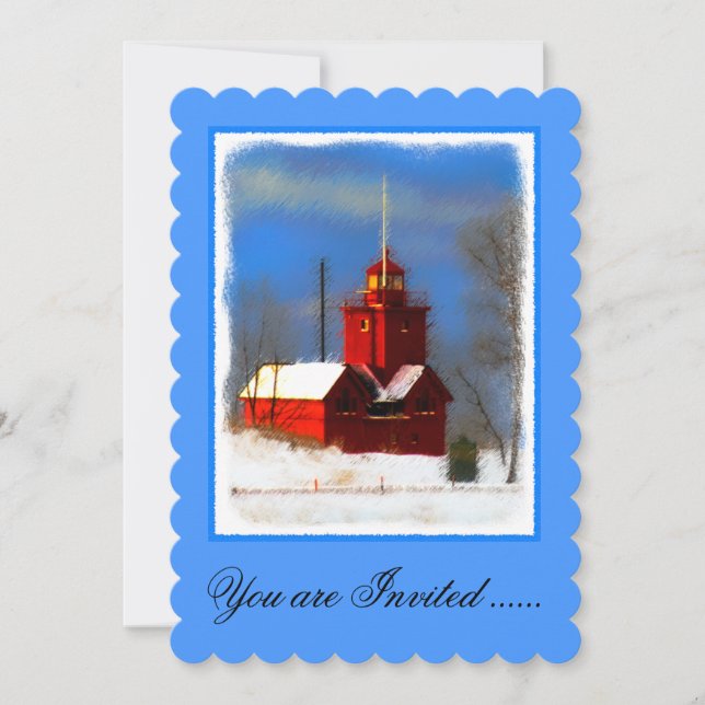 Big Red Lighthouse Painting - Original Art Invitation (Front)
