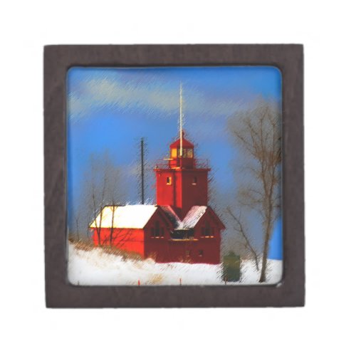 Big Red Lighthouse Painting _ Original Art Jewelry Box