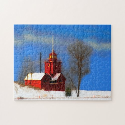 Big Red Lighthouse Painting _ Original Art Jigsaw Puzzle