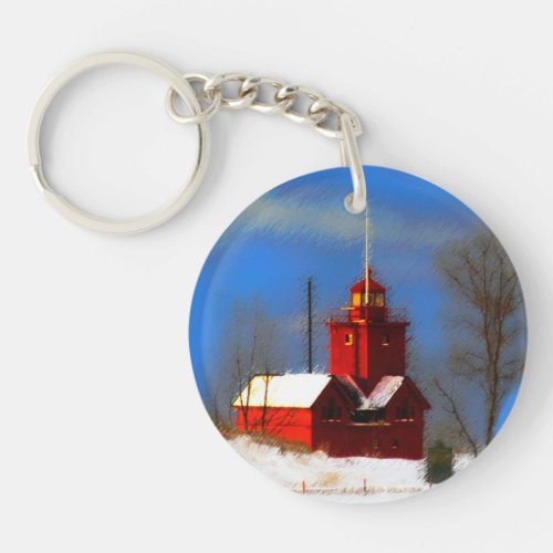 Big Red Lighthouse Painting _ Original Art Keychain