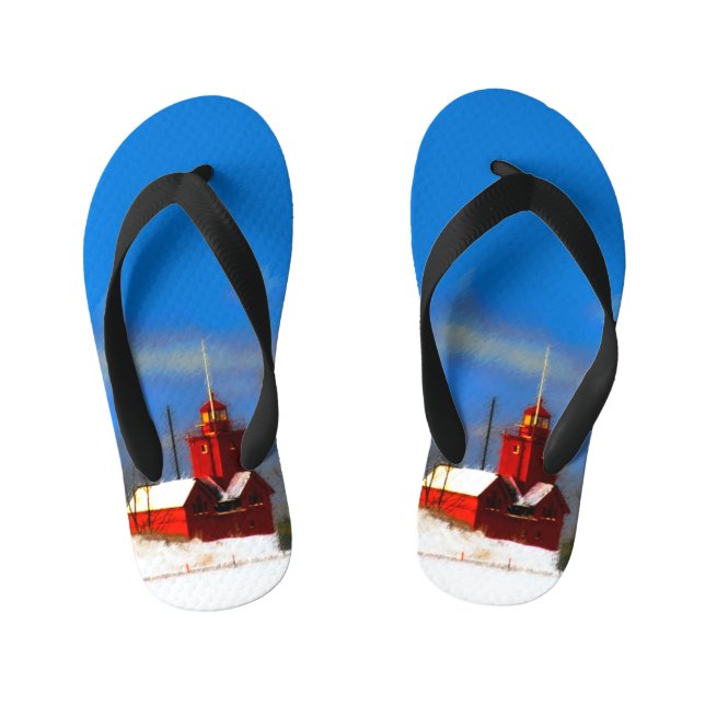 Big Red Lighthouse Painting - Original Art Kid's Flip Flops (Footbed)