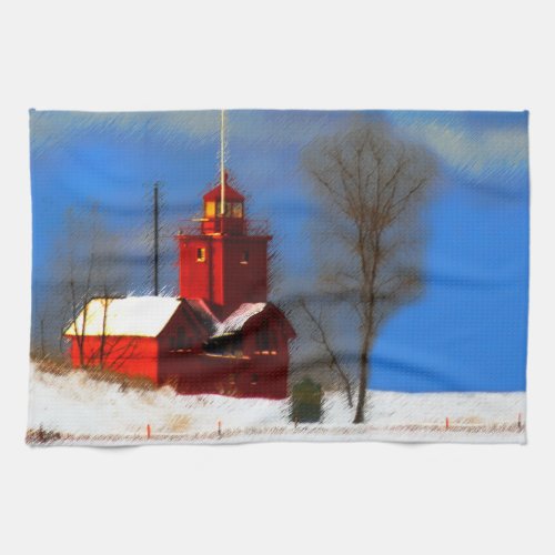 Big Red Lighthouse Painting _ Original Art Kitchen Towel