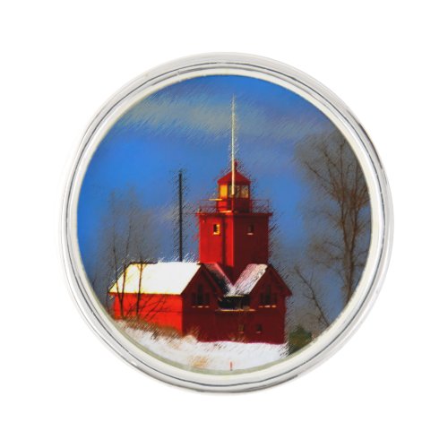 Big Red Lighthouse Painting _ Original Art Lapel Pin