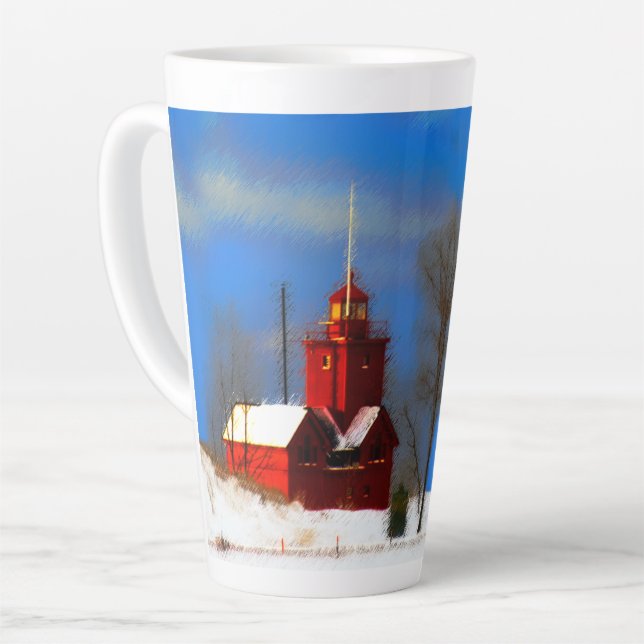 Big Red Lighthouse Painting - Original Art Latte Mug (Left Angle)