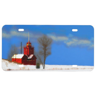 Big Red Lighthouse Painting - Original Art License Plate