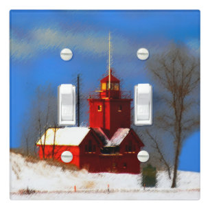 Big Red Lighthouse Painting - Original Art Light Switch Cover