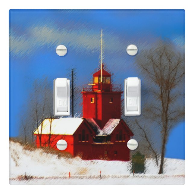 Big Red Lighthouse Painting - Original Art Light Switch Cover (In Situ)