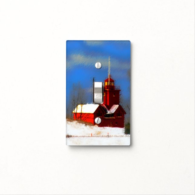 Big Red Lighthouse Painting - Original Art Light Switch Cover (In Situ)
