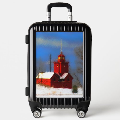 Big Red Lighthouse Painting _ Original Art Luggage