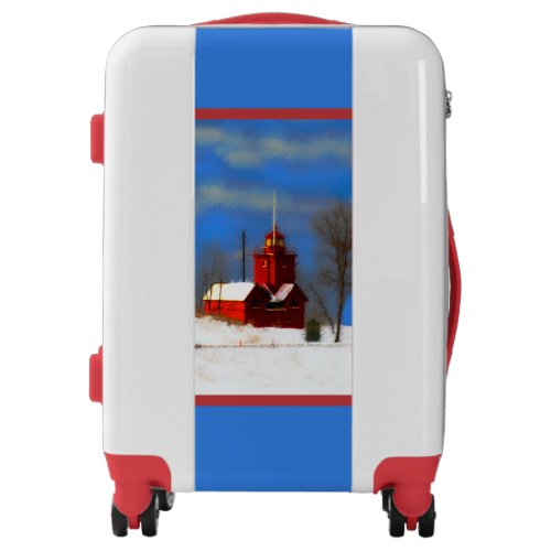 Big Red Lighthouse Painting _ Original Art Luggage