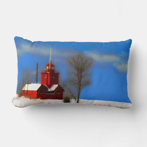 Big Red Lighthouse Painting _ Original Art Lumbar Pillow