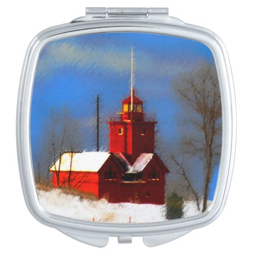 Big Red Lighthouse Painting _ Original Art Mirror For Makeup