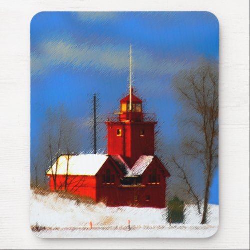 Big Red Lighthouse Painting _ Original Art Mouse Pad