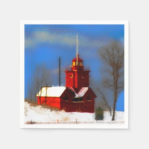 Big Red Lighthouse Painting _ Original Art Napkins