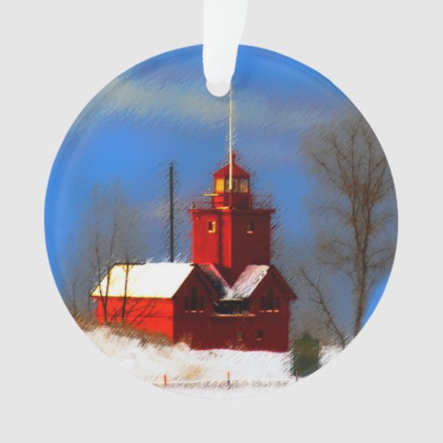 Big Red Lighthouse Painting _ Original Art Ornament