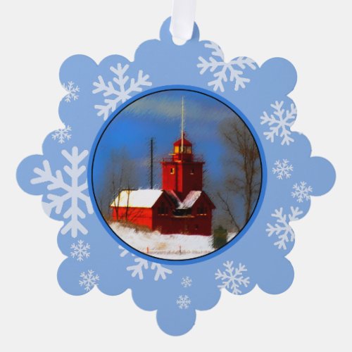 Big Red Lighthouse Painting _ Original Art Ornament Card