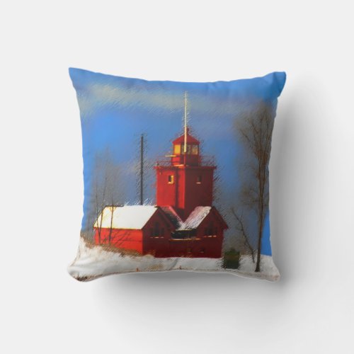 Big Red Lighthouse Painting _ Original Art Outdoor Pillow