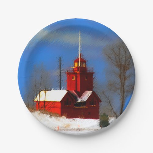 Big Red Lighthouse Painting _ Original Art Paper Plates