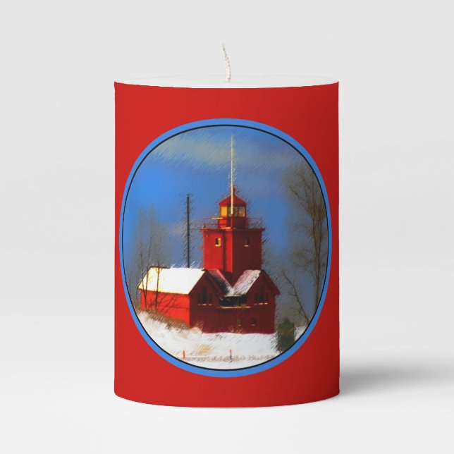 Big Red Lighthouse Painting - Original Art Pillar Candle (Front)