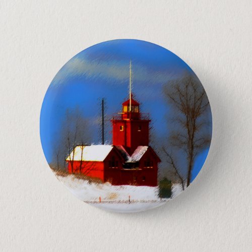 Big Red Lighthouse Painting _ Original Art Pinback Button