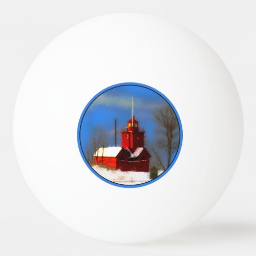 Big Red Lighthouse Painting _ Original Art Ping Pong Ball