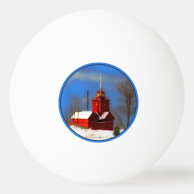 Big Red Lighthouse Painting - Original Art Ping Pong Ball (Front)