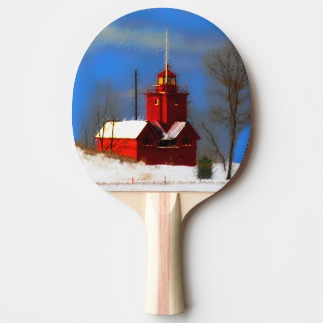 Big Red Lighthouse Painting - Original Art Ping-Pong Paddle (Front)
