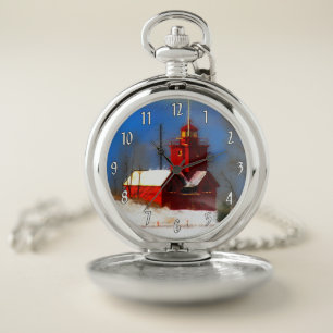 Big Red Lighthouse Painting - Original Art Pocket Watch