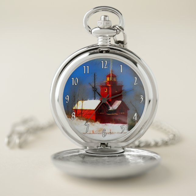 Big Red Lighthouse Painting - Original Art Pocket Watch (Inside)