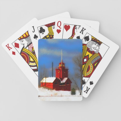 Big Red Lighthouse Painting _ Original Art Poker Cards