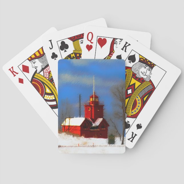 Big Red Lighthouse Painting - Original Art Poker Cards (Back)