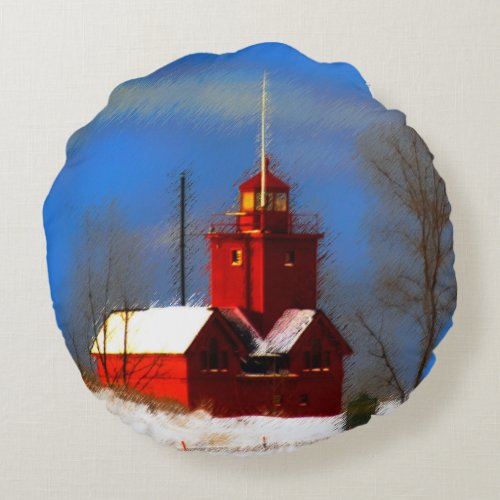 Big Red Lighthouse Painting _ Original Art Round Pillow