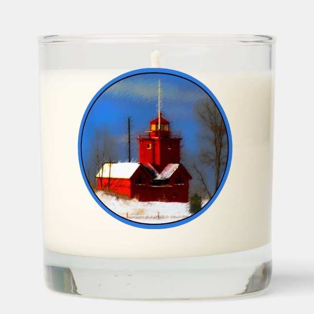 Big Red Lighthouse Painting - Original Art Scented Candle (Back)