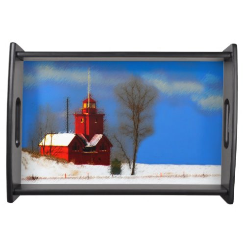 Big Red Lighthouse Painting _ Original Art Serving Tray