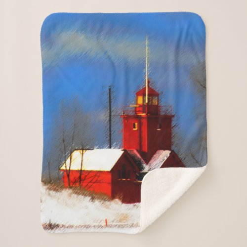 Big Red Lighthouse Painting _ Original Art Sherpa Blanket