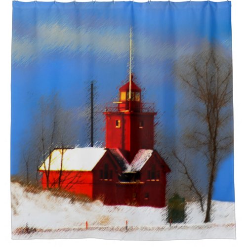 Big Red Lighthouse Painting _ Original Art Shower Curtain