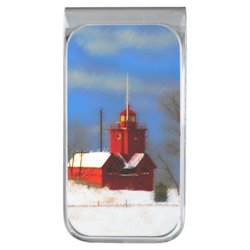 Big Red Lighthouse Painting _ Original Art Silver Finish Money Clip