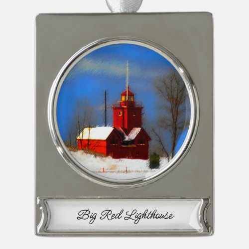 Big Red Lighthouse Painting _ Original Art Silver Plated Banner Ornament