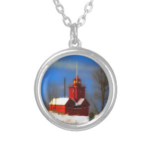 Big Red Lighthouse Painting - Original Art Silver Plated Necklace
