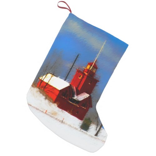 Big Red Lighthouse Painting _ Original Art Small Christmas Stocking