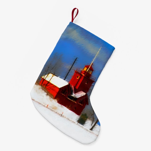 Big Red Lighthouse Painting - Original Art Small Christmas Stocking (Front (Hanging))