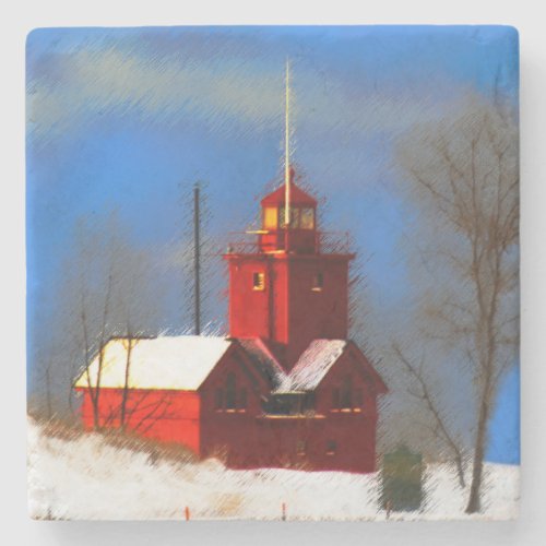 Big Red Lighthouse Painting _ Original Art Stone Coaster